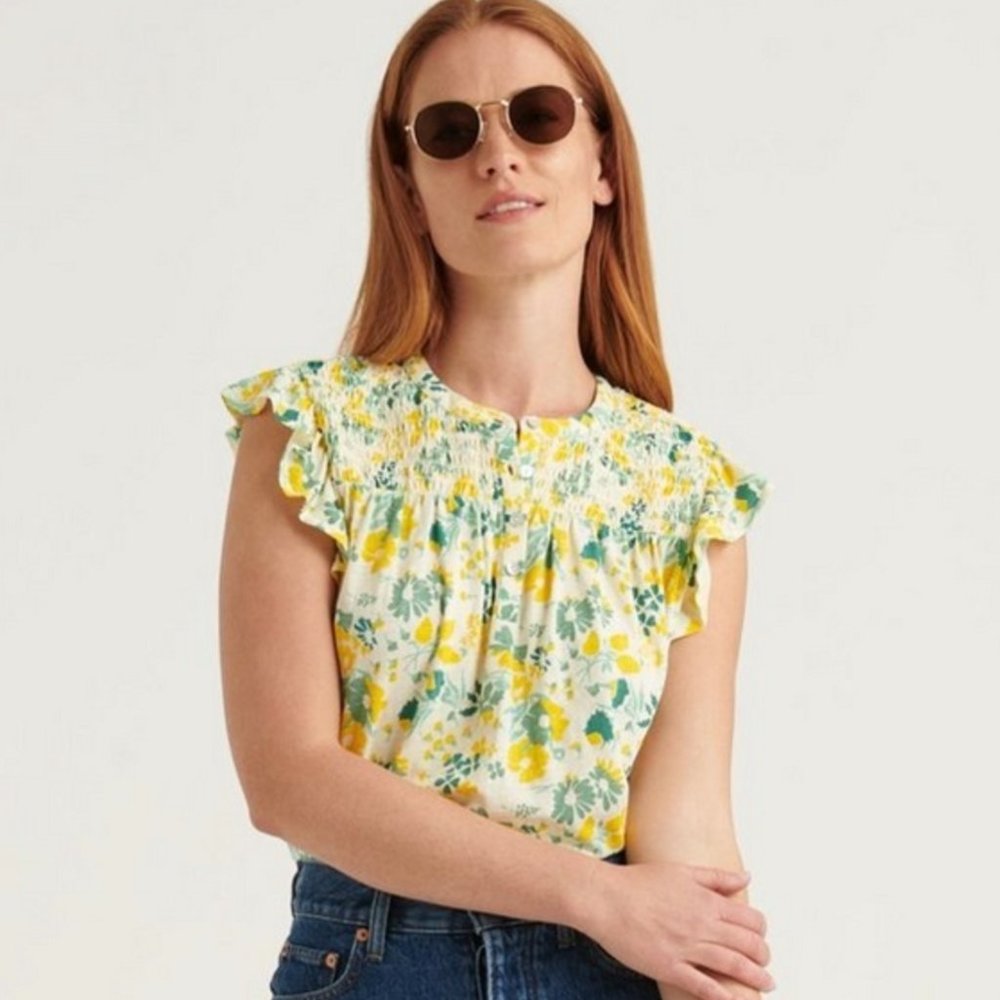 Lucky Brand ~ Sleeveless Button Up Smocked Floral Printed Top
